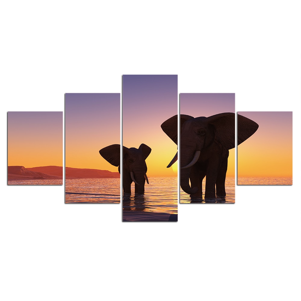 Målning två elefanter under en solnedgång Målning Elefant Målning djur