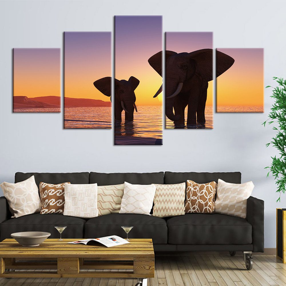Målning två elefanter under en solnedgång Målning Elefant Målning Djur format: Horisontell
