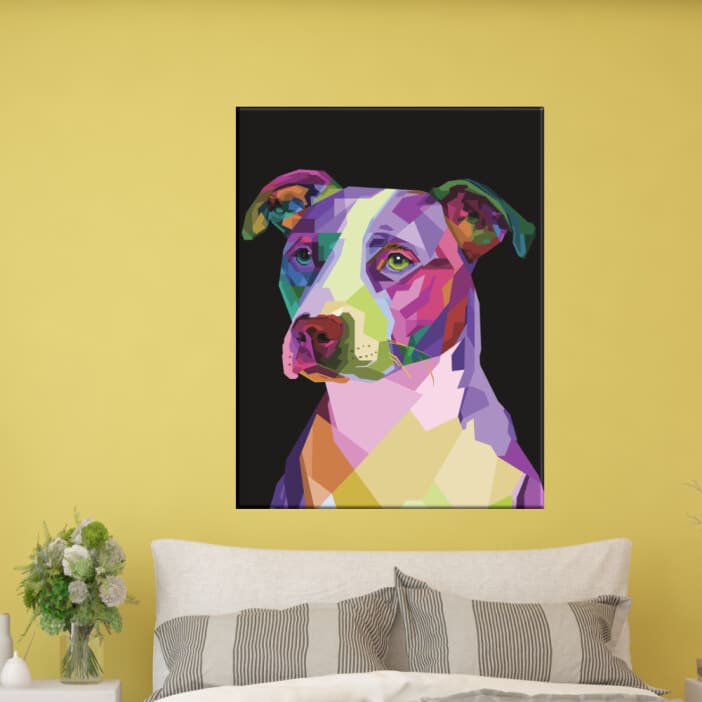 Abstrakt målning hund. Bra kvalitet, hänger på en vägg i ett hus