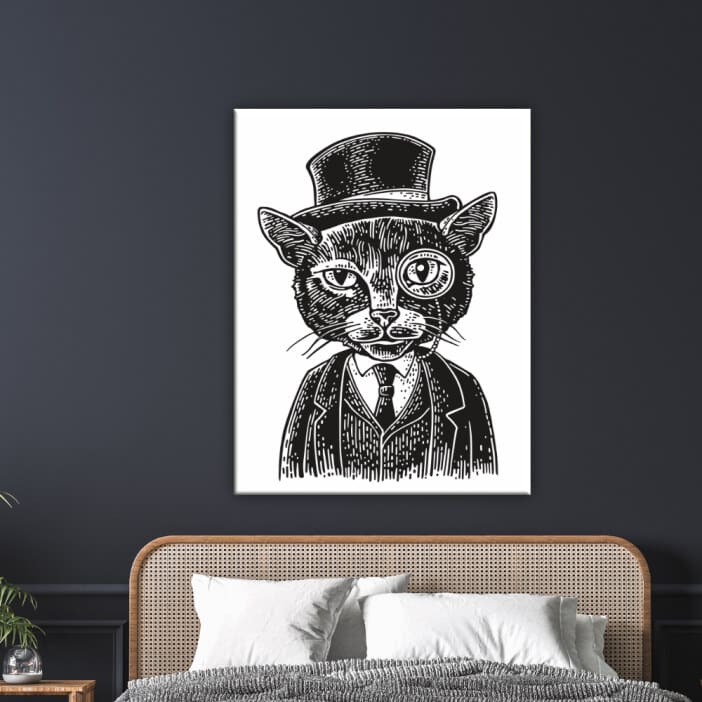 Målar katt gentleman. God kvalitet, original hängande på en vägg ovanför en säng i ett hus