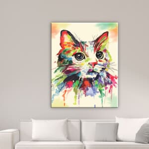 Kosmisk kattmålning. God kvalitet, original, hängde på en vägg ovanför en soffa i ett hus