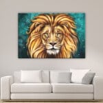 Kosmisk lejonmålning. God kvalitet, original, hängde på en vägg ovanför en soffa i ett vardagsrum