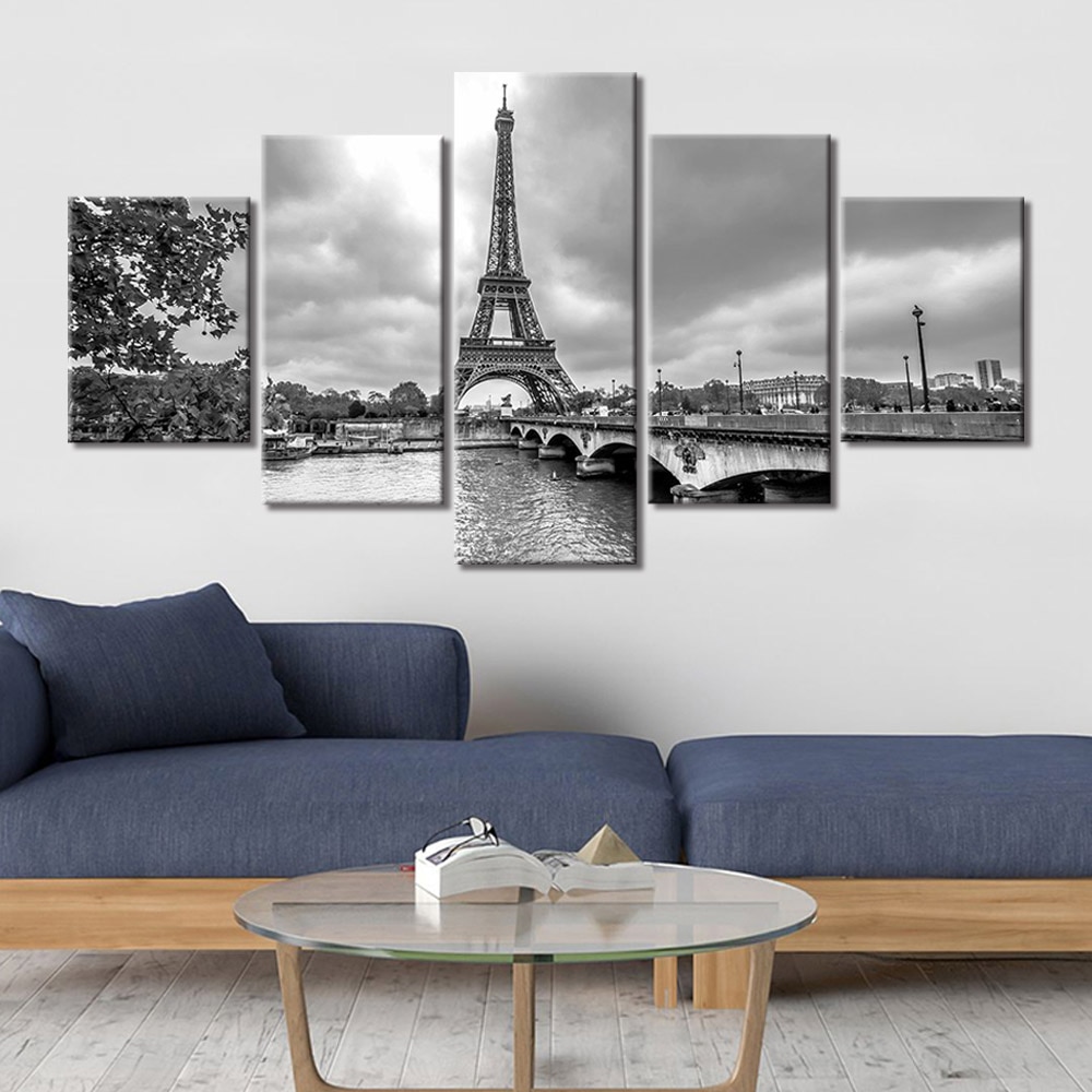 Målning Eiffeltornet och bron i svartvitt Målning Paris