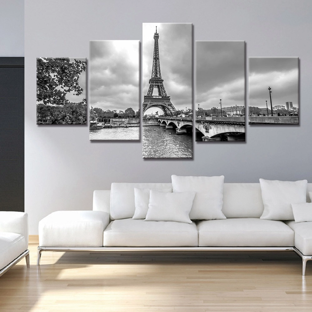 Målning Eiffeltornet och bron i svartvitt Målning Paris City format: Horisontell