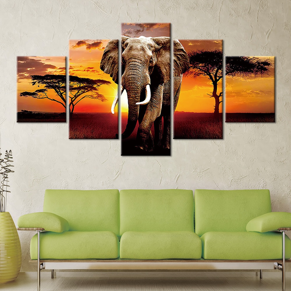 Målning elefant i bushen i solnedgången Målning elefant Målning djur