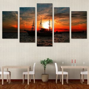 Målning av segelbåt och solnedgång Havsmålning Naturformat: Horisontell