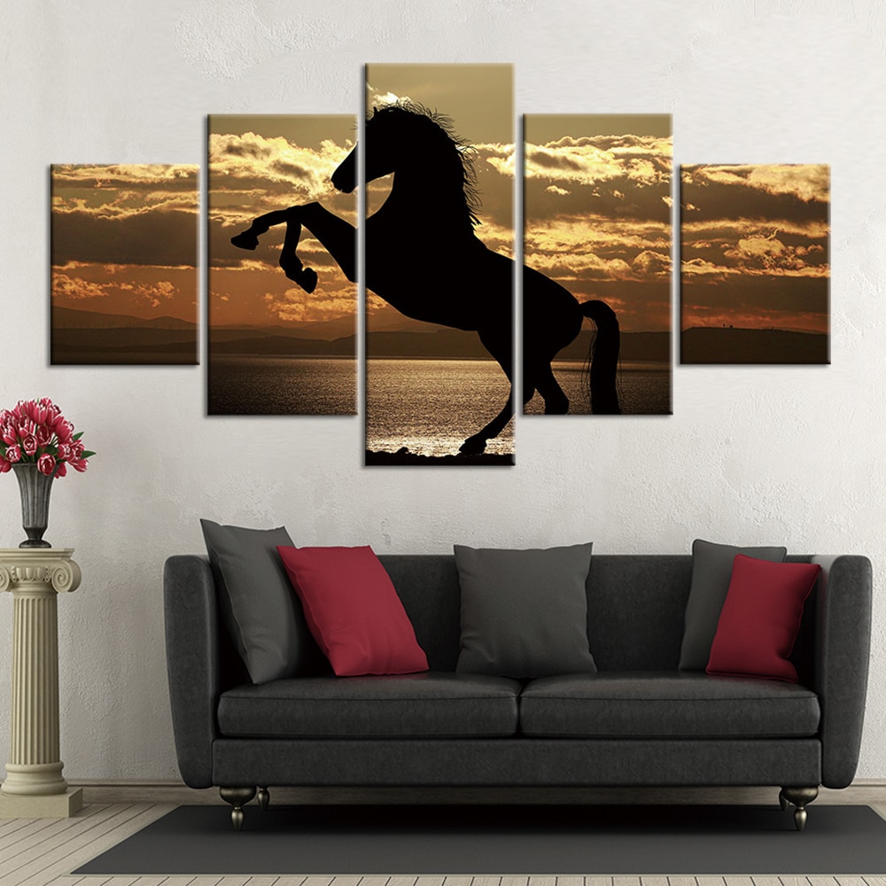 Hingst och solnedgång målning Hästmålning Djur målning format: Horisontell