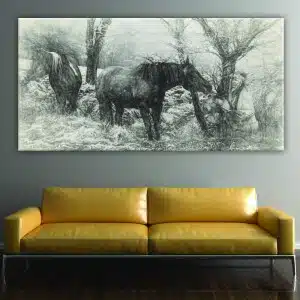 Svartvit häst och indianmålning. Original av god kvalitet, hängde på en vägg ovanför en soffa i ett vardagsrum.