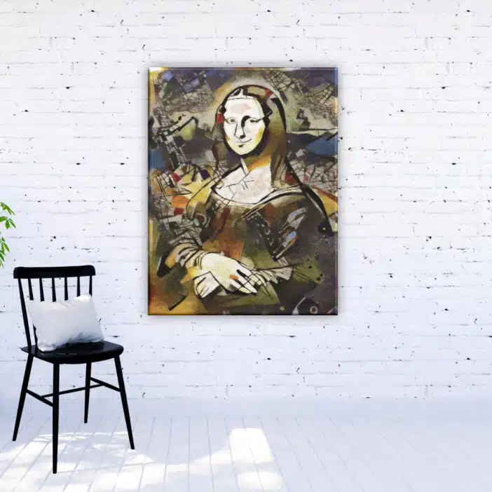 Abstrakt Mona Lisa-målning. God kvalitet, original, hänger på en vägg i ett vardagsrum