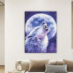 Målning av varg och kosmisk fullmåne. God kvalitet, original, hängde på en vägg ovanför en soffa i ett vardagsrum
