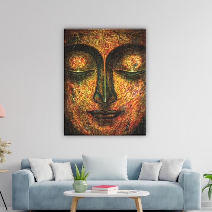 Buddha ansiktsmålning. Original av god kvalitet, hängde på en vägg ovanför en soffa i ett vardagsrum