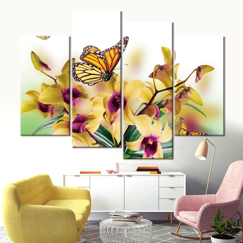 Fjäril och gul orkidé målning