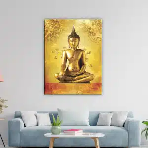Målning av den gyllene Buddha. Original av god kvalitet, hängde på en vägg ovanför en soffa i ett vardagsrum