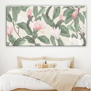 Magnolia-målning. Original av god kvalitet, hängde på en vägg ovanför en säng i ett hus.