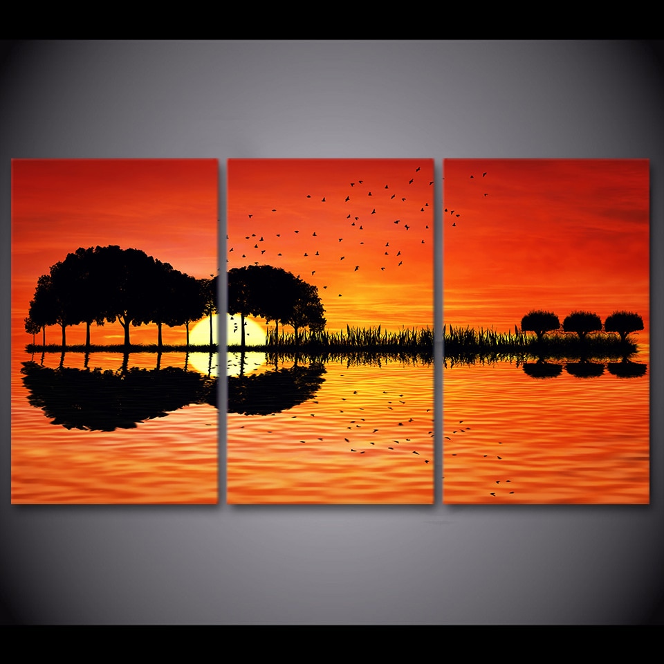 Målning träd och solnedgång