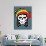 Rasta-skalle bild. God kvalitet, original, hängde på en vägg ovanför en soffa i ett vardagsrum