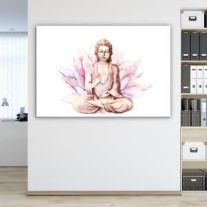 Rosa Buddha-målning. God kvalitet, original, hängde på en vägg ovanför en soffa i ett vardagsrum
