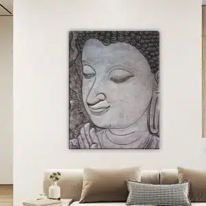 Svartvit Buddha-målning. God kvalitet, original, hängde på en vägg ovanför en soffa i ett vardagsrum