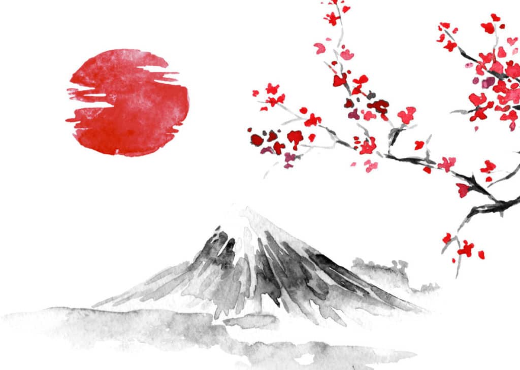 Japansk målning föreställande ett berg och ett körsbärsträd