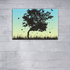 Målning av träd och fjärilar. God kvalitet, original, att hänga på väggen i vardagsrummet