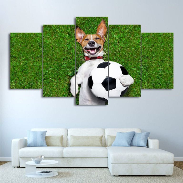 Bild på en hund som håller en fotbollsboll
