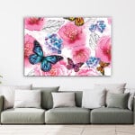 Blå och rosa fjärilsmålning 1 del. God kvalitet, original, hängde på en vägg ovanför en soffa i ett vardagsrum