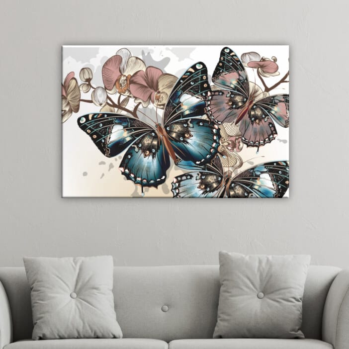 Målning blå och rosa fjärilar 1 del. 08:37 Bra kvalitet, original, hängde på en vägg ovanför en soffa i ett vardagsrum