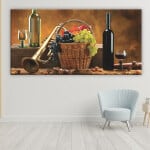 Vin och trumpet målning. 08:37 God kvalitet, original, hängde på en vägg ovanför en stol i ett vardagsrum