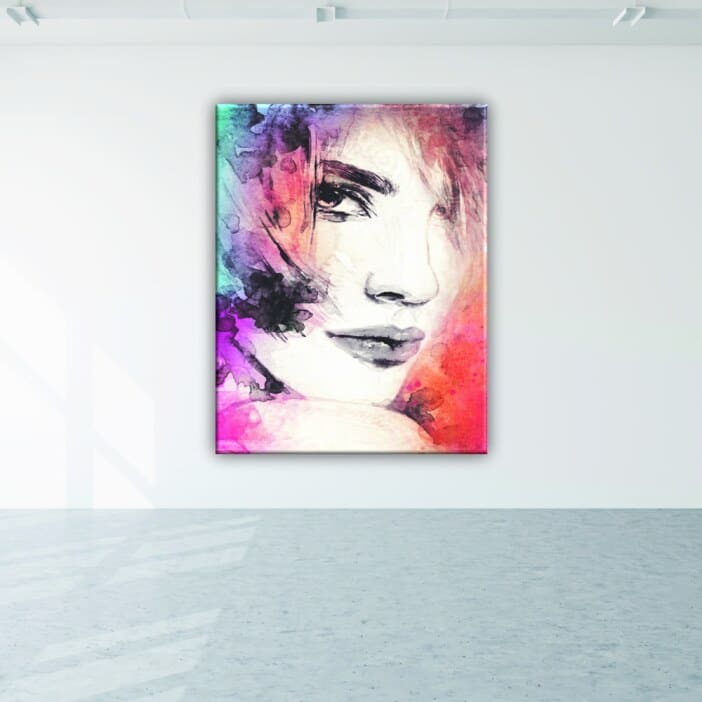 Flerfärgad kvinnlig ansiktsmålning. Original av god kvalitet, för att hänga på en vägg i ett hus.