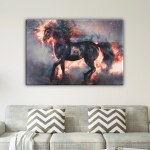 Enhörning häst målning. God kvalitet, original, hängde på en vägg ovanför en soffa i ett hus
