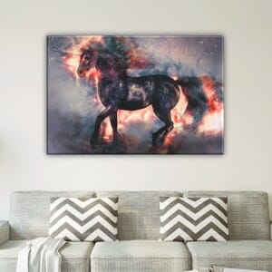 Enhörning häst målning. God kvalitet, original, hängde på en vägg ovanför en soffa i ett hus