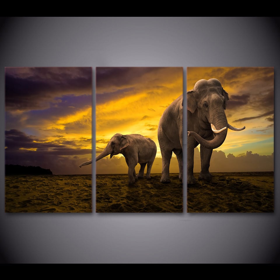 Målning av en elefant och en elefantunge i solnedgången