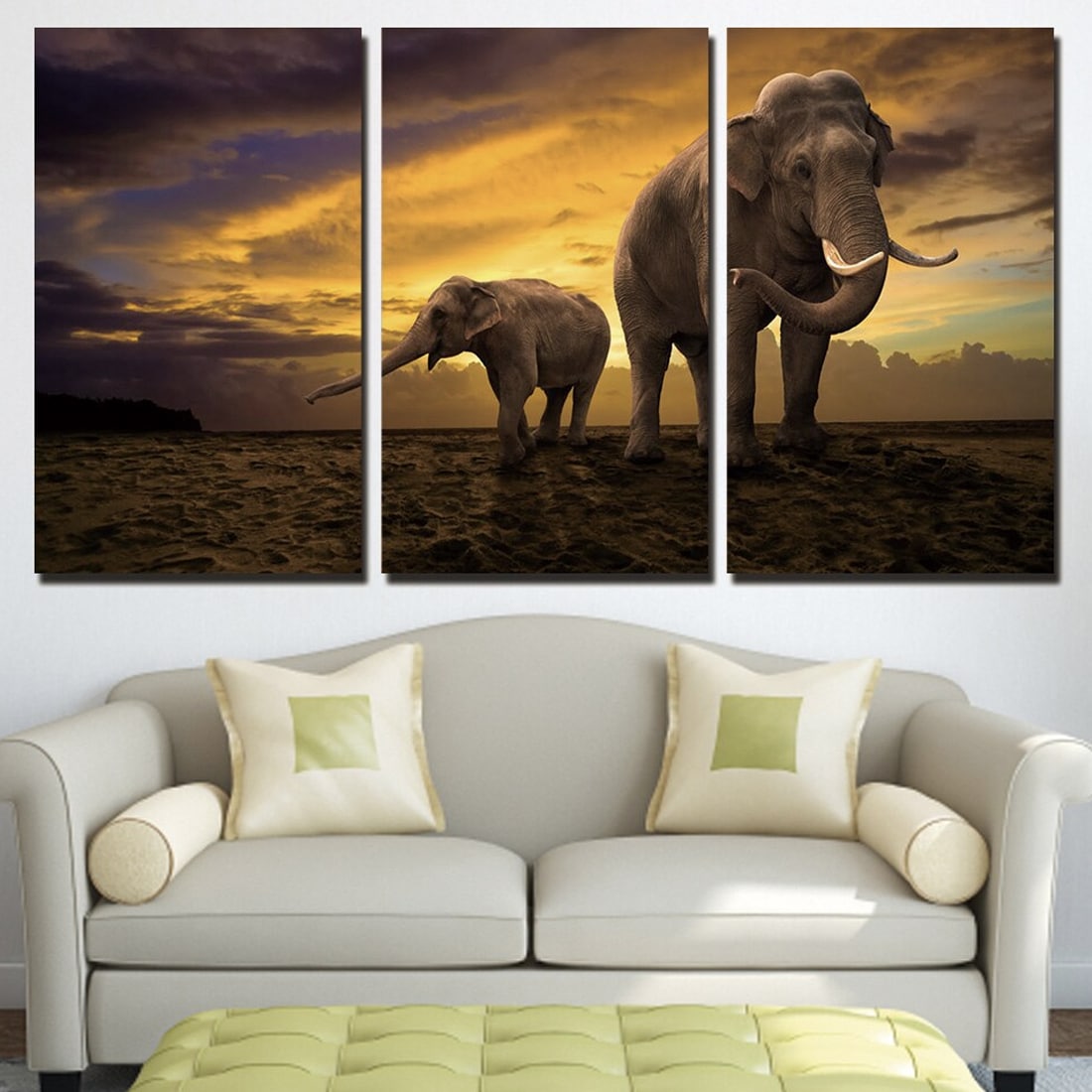Målning av en elefant och en elefantunge i solnedgången