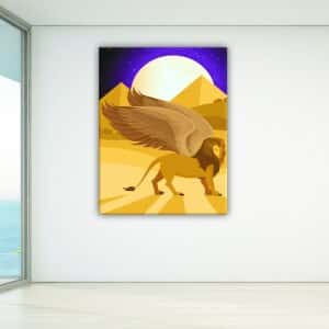 Vingat lejon fullmåne målning. God kvalitet, original, hänger på en vägg i ett vardagsrum