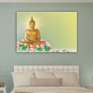 Målning Buddha och rosa lotusblomma. Original av god kvalitet, hänger på en vägg ovanför en säng i ett hus.