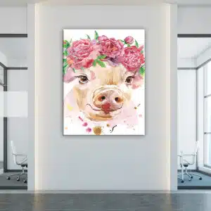 Målning gris krona av blommor. 08:37 Bra kvalitet, original, hänger på en vägg i ett vardagsrum