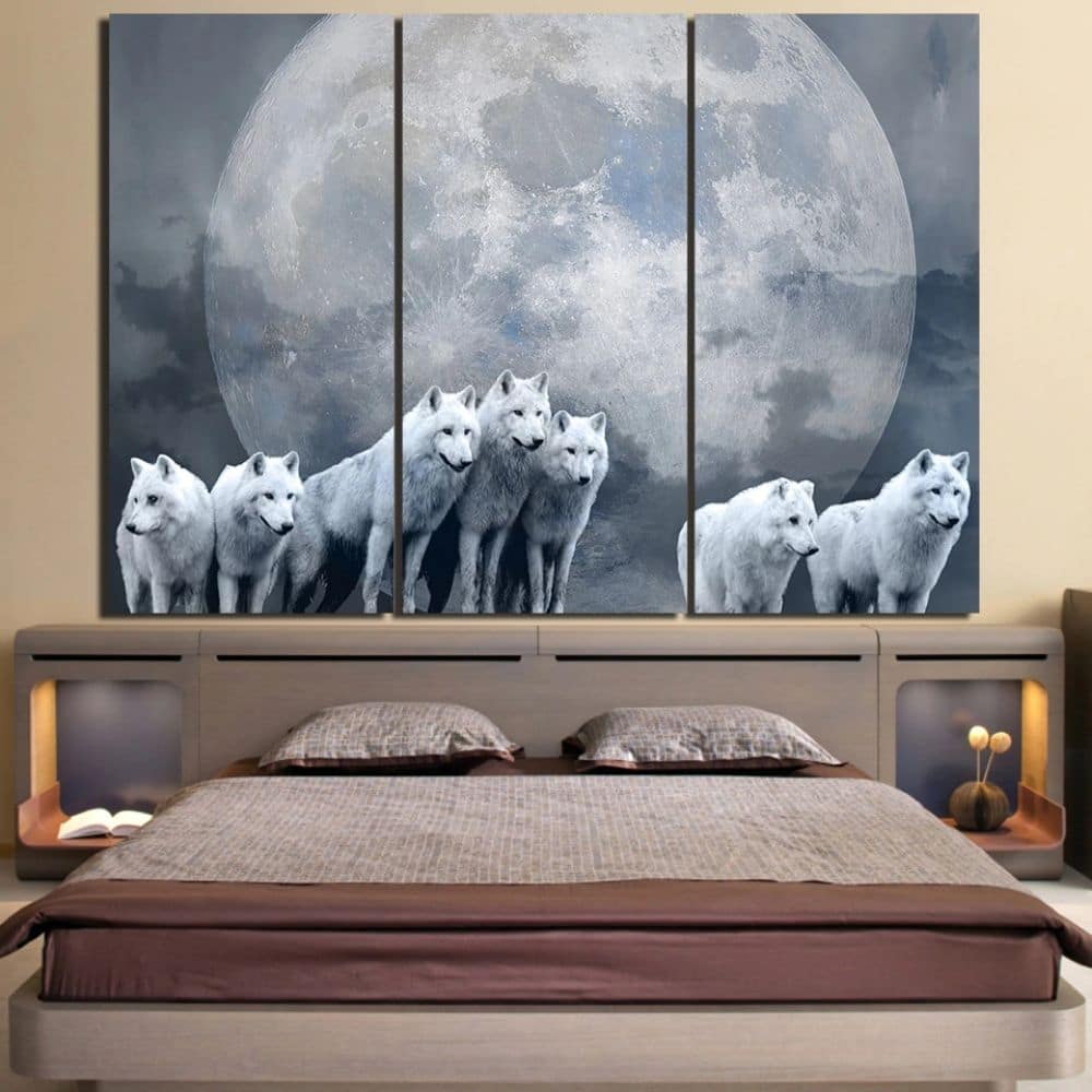 Målningar av vargflock vid fullmåne Målningar av djur Målningar av varg