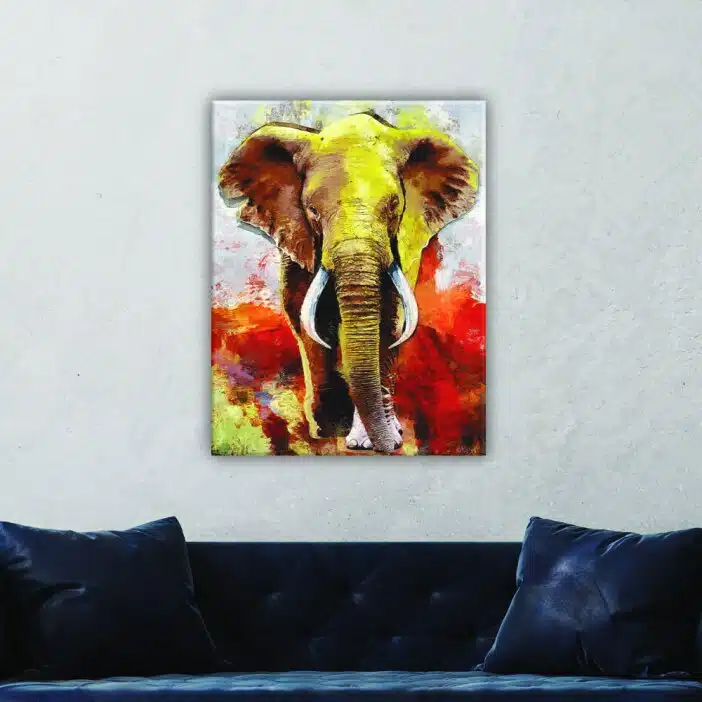 Målning av en elefant. God kvalitet, original, hängde på en vägg ovanför en soffa i ett vardagsrum