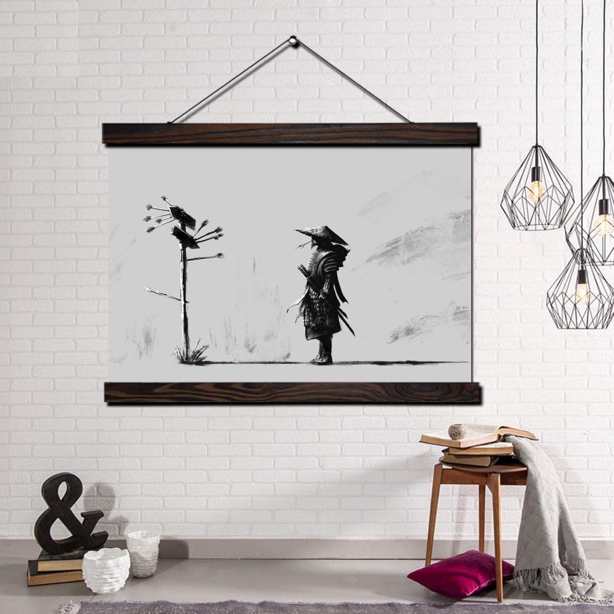 Japansk samurajmålning. God kvalitet, original, hänger på en vägg i ett vardagsrum