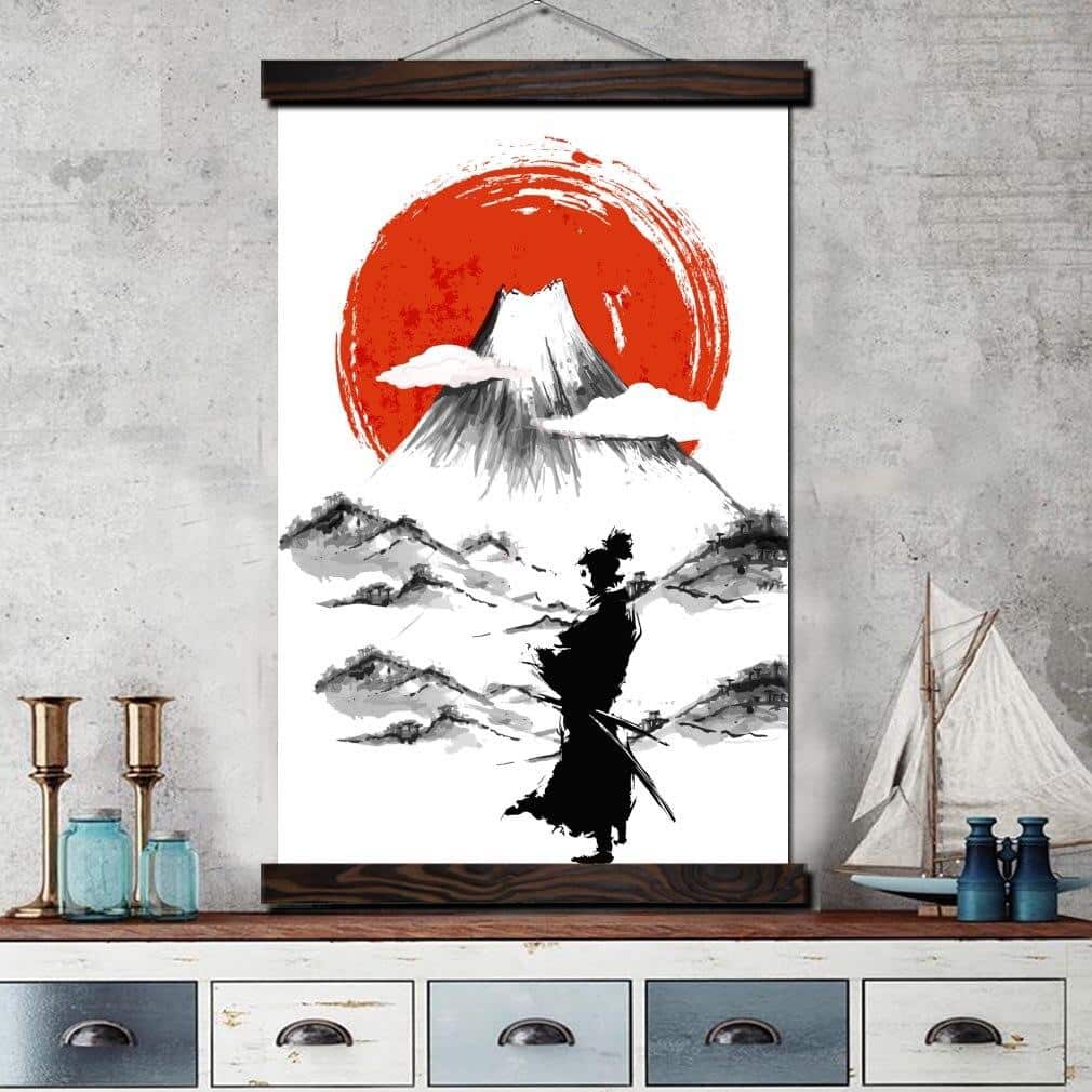 Målning samuraj vid foten av berget målning japanska målning världen