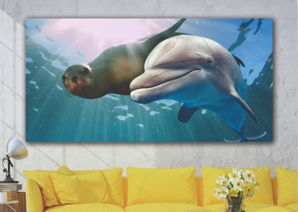 Delfin och sjölejon målning Tabloide