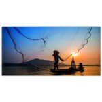 Målning av ett fiske i Asien i solnedgången Målning Natur Målning Landskap