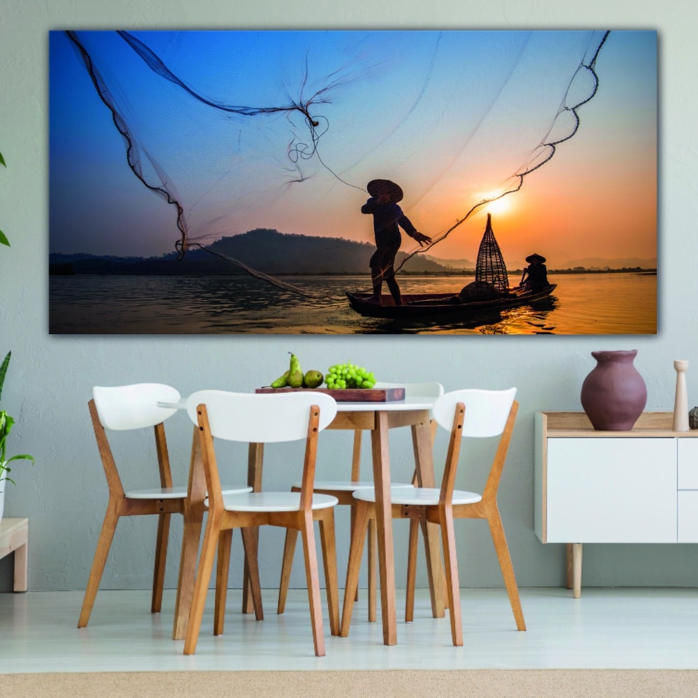 Målning av en fiskare i Asien i solnedgången Naturmålning Landskapsmålning storlek: XXS|XS|S|M|L|XL|XXL