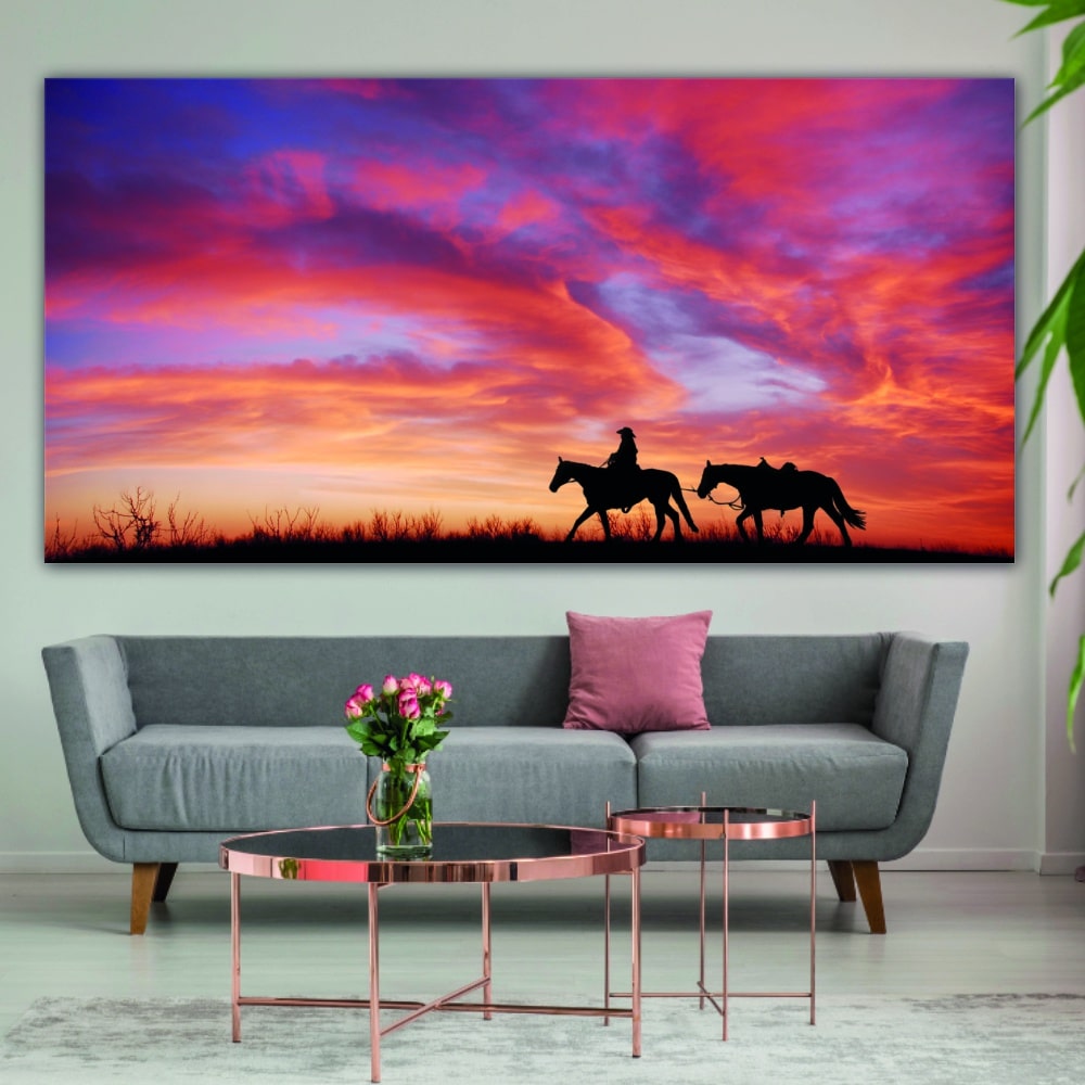 Bild Hästar i en färgsprakande himmel Bild Djur Bild Landskap storlek: XXS|XS|S|M|L|XL|XXL