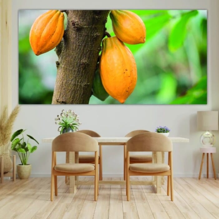 Målning Kakao i naturen. God kvalitet, original, hängde på en vägg ovanför ett bord i ett vardagsrum