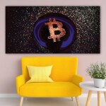 Briljant Bitcoin-bild. God kvalitet, original, hängde på en vägg ovanför en soffa i ett vardagsrum