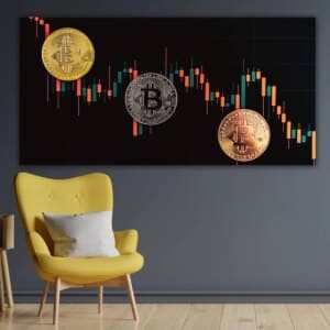 Bitcoin-grafik. God kvalitet, original, hängde på en vägg ovanför en soffa i ett vardagsrum