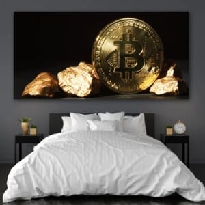 Bitcoin och guldmålning. God kvalitet, original, hänger på en vägg ovanför en säng i ett hus