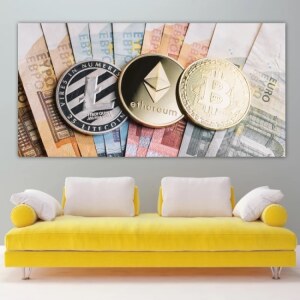 Digitala valutor och pengar. God kvalitet, original, hängde på en vägg ovanför en soffa i ett vardagsrum