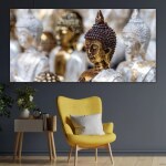 Strålande Buddha-målning. God kvalitet, original, hängde på en vägg ovanför en soffa i ett vardagsrum